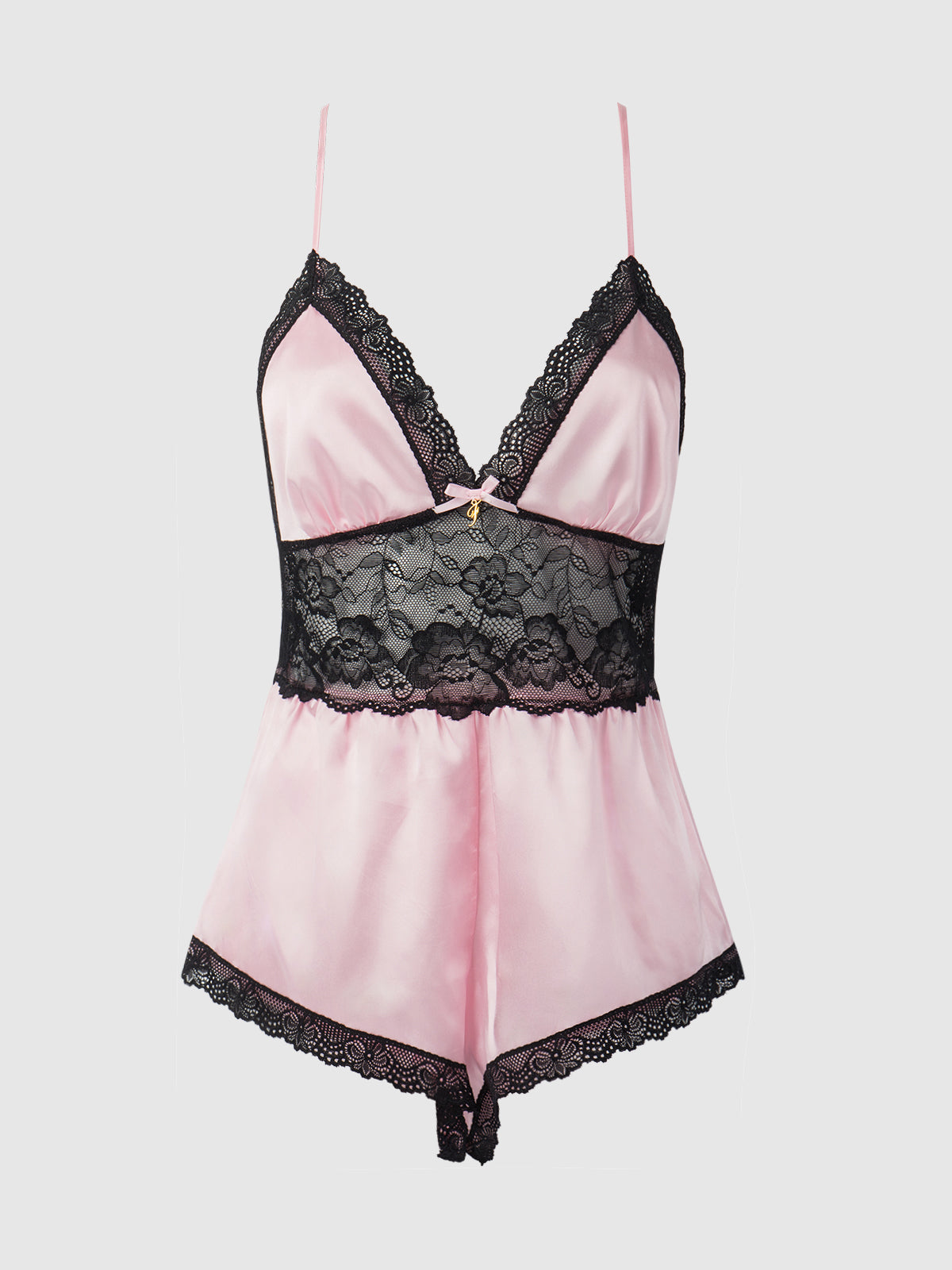 Elisa Satin & Lace Racerback Sleep Romper - Frederick's Of Hollywood
