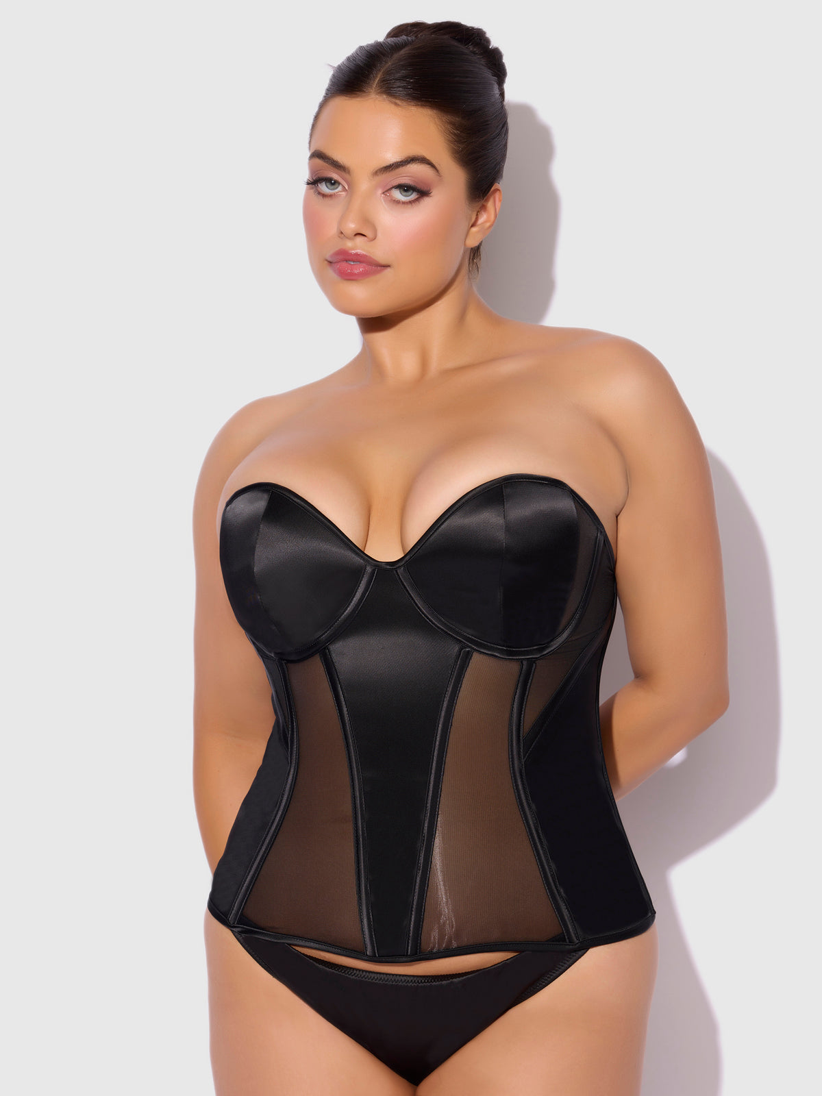 Iconic Plunge Satin & Mesh Corset - Frederick's of Hollywood