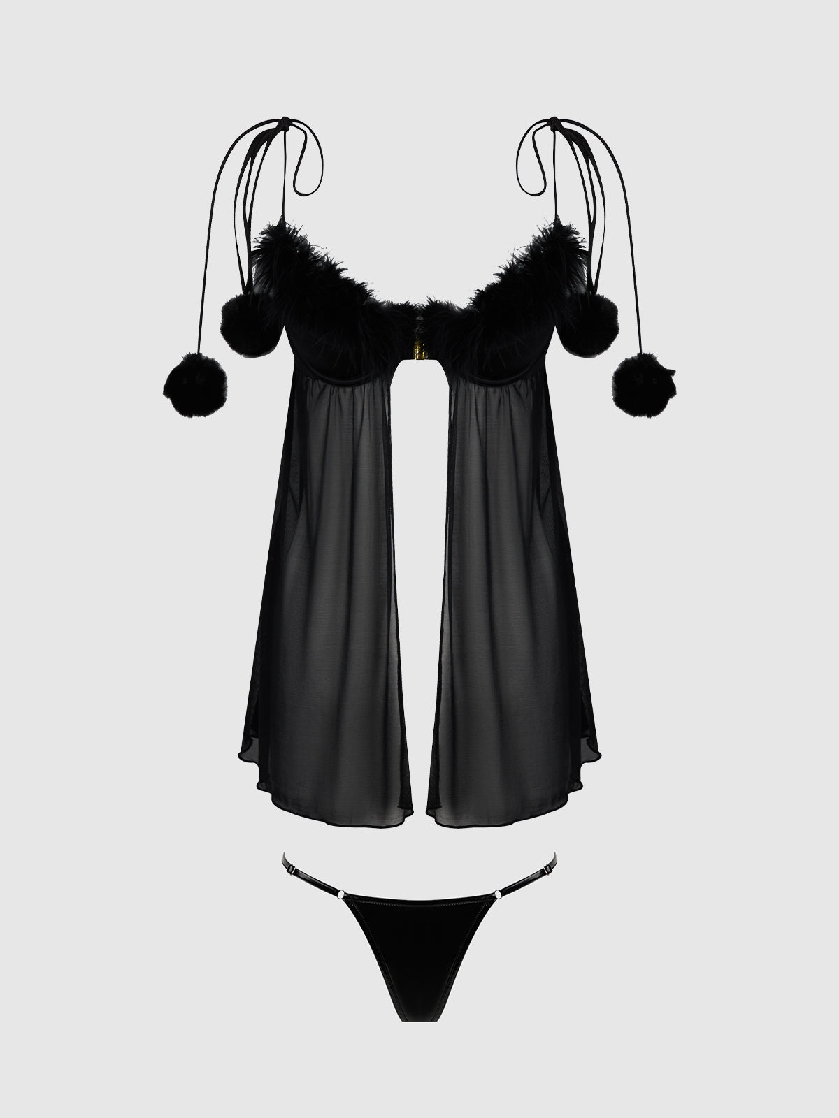 Scarlett Drop Off Open Front Marabou Babydoll & G-String - Frederick's of Hollywood