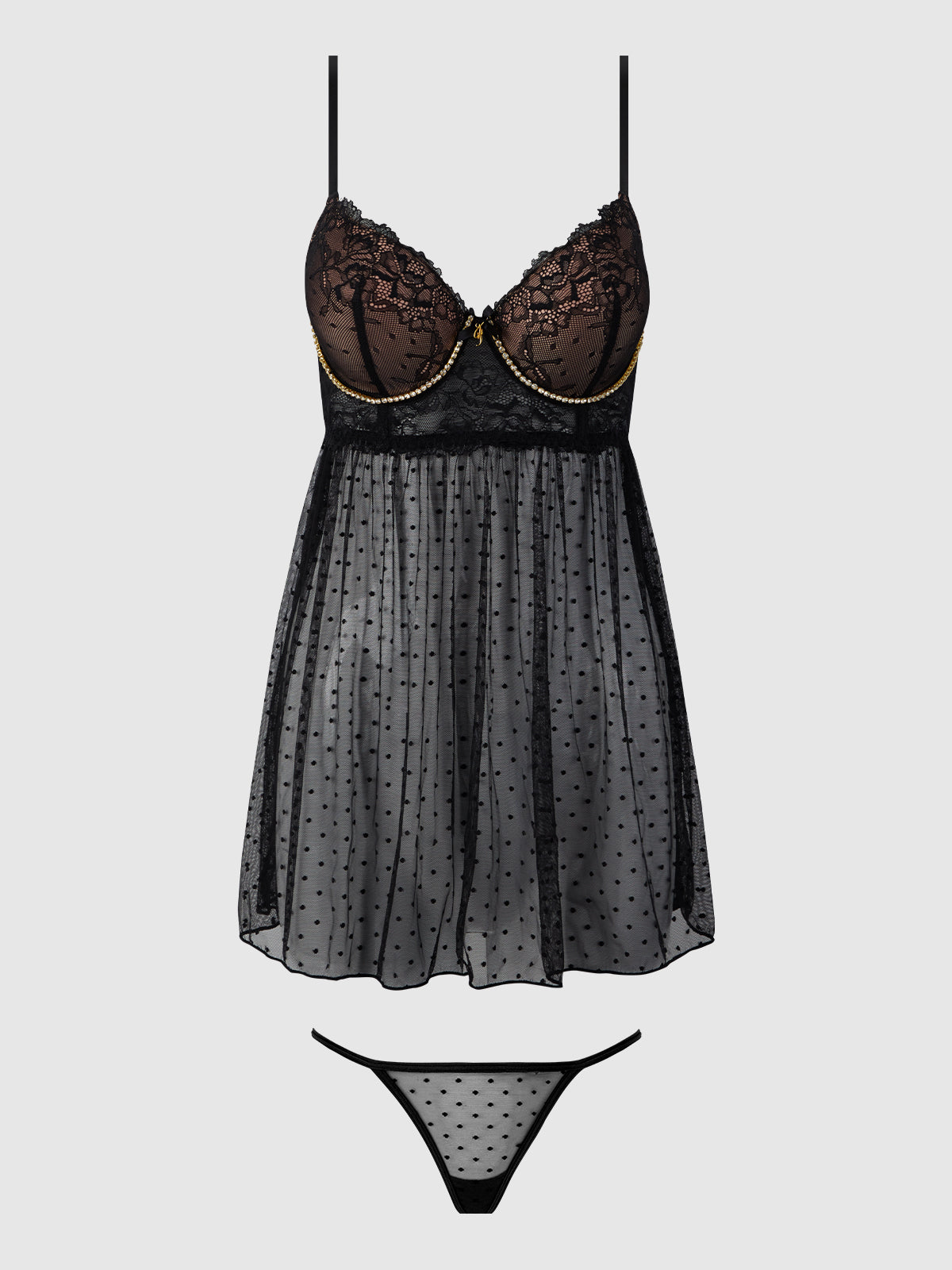 Elizabeth Lace & Rhinestone Push Up Babydoll & G-String - Frederick's of Hollywood