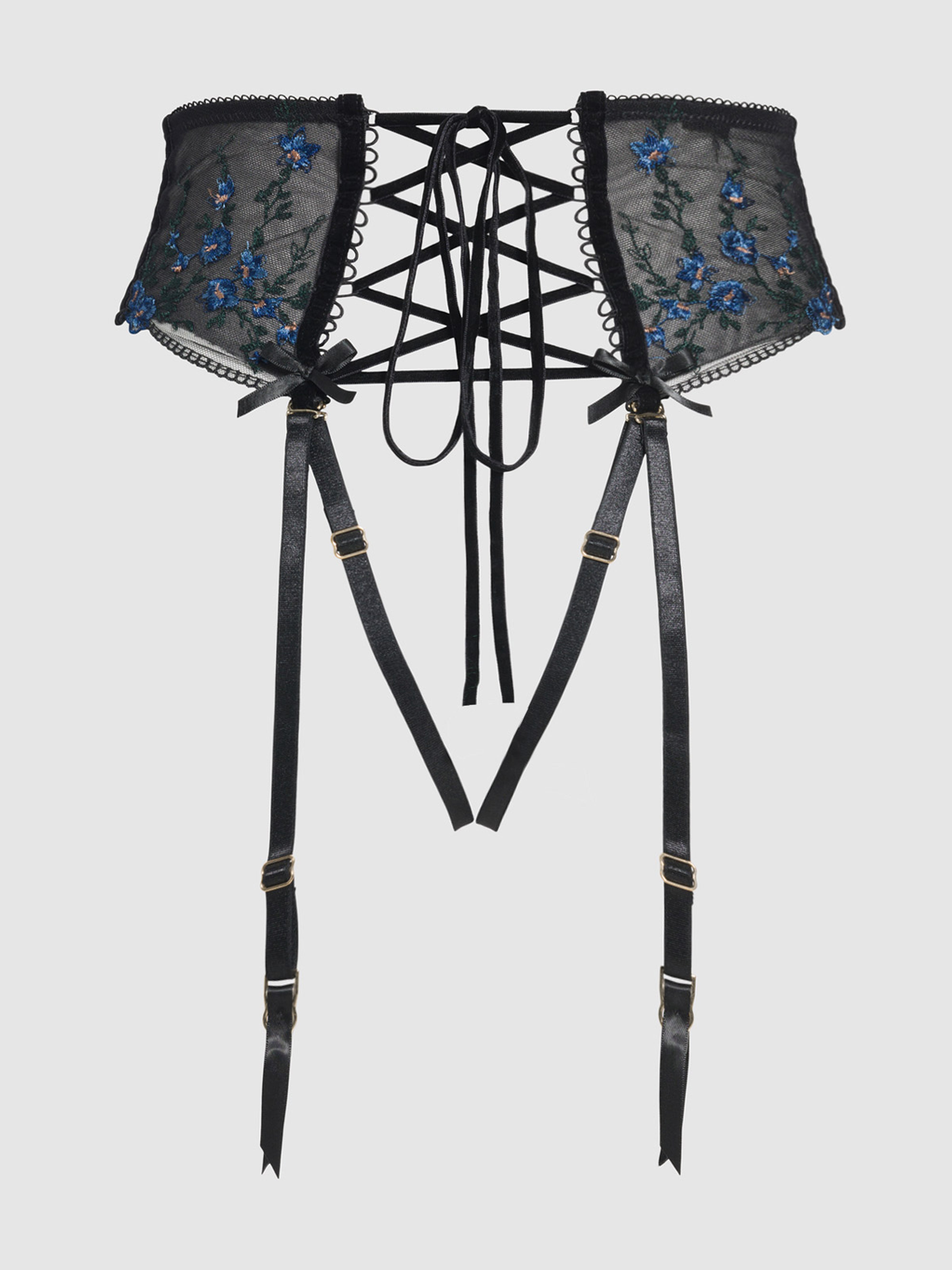 Harlow Embroidered Mesh Lace Up Backless Cheeky - Frederick's of Hollywood