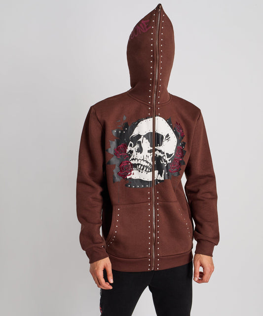 Grind Over Glory Rhinestone Full Zip Hoodie - Brown