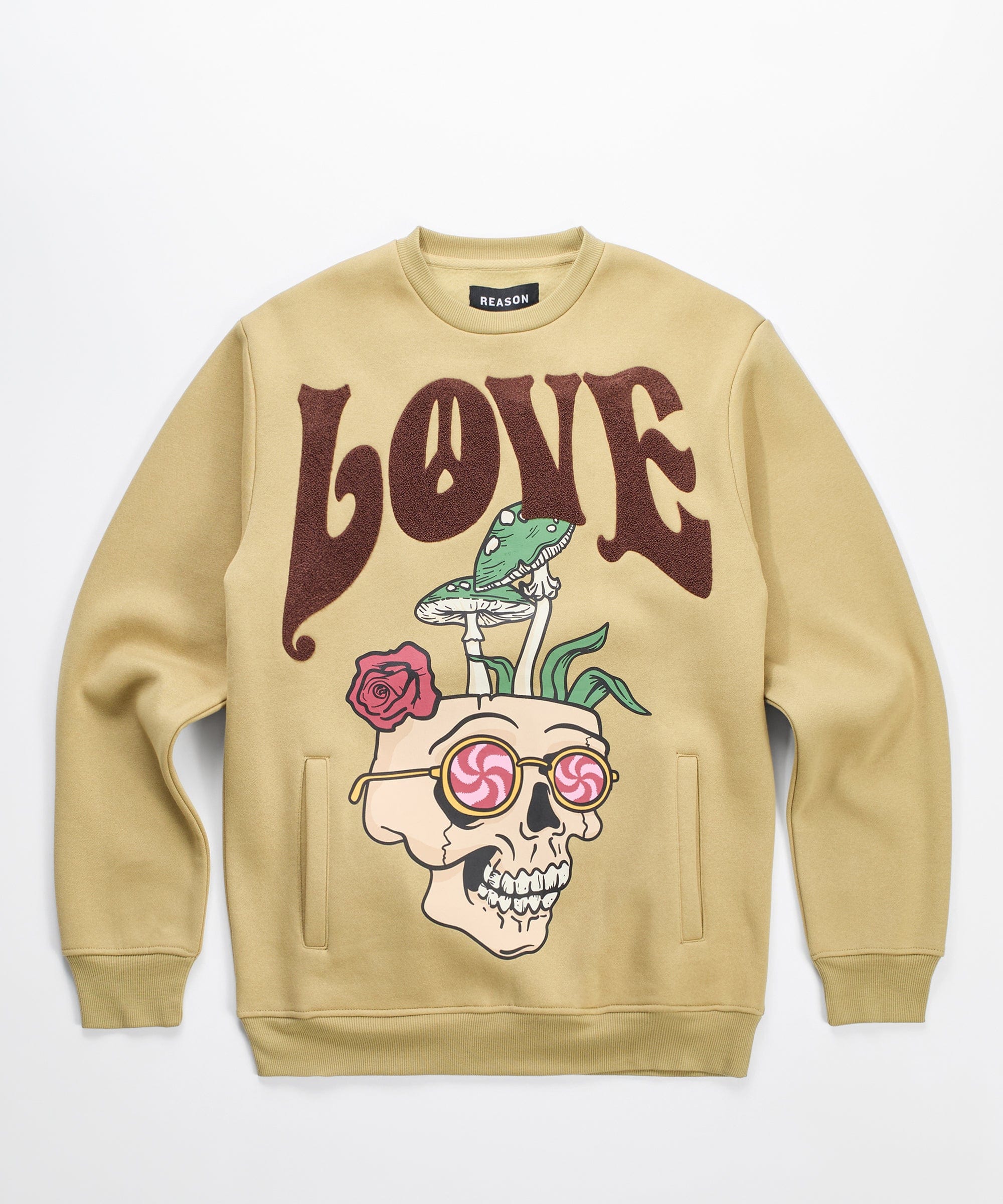 Love Hate Front and Back Chenille Patched Crewneck - Khaki