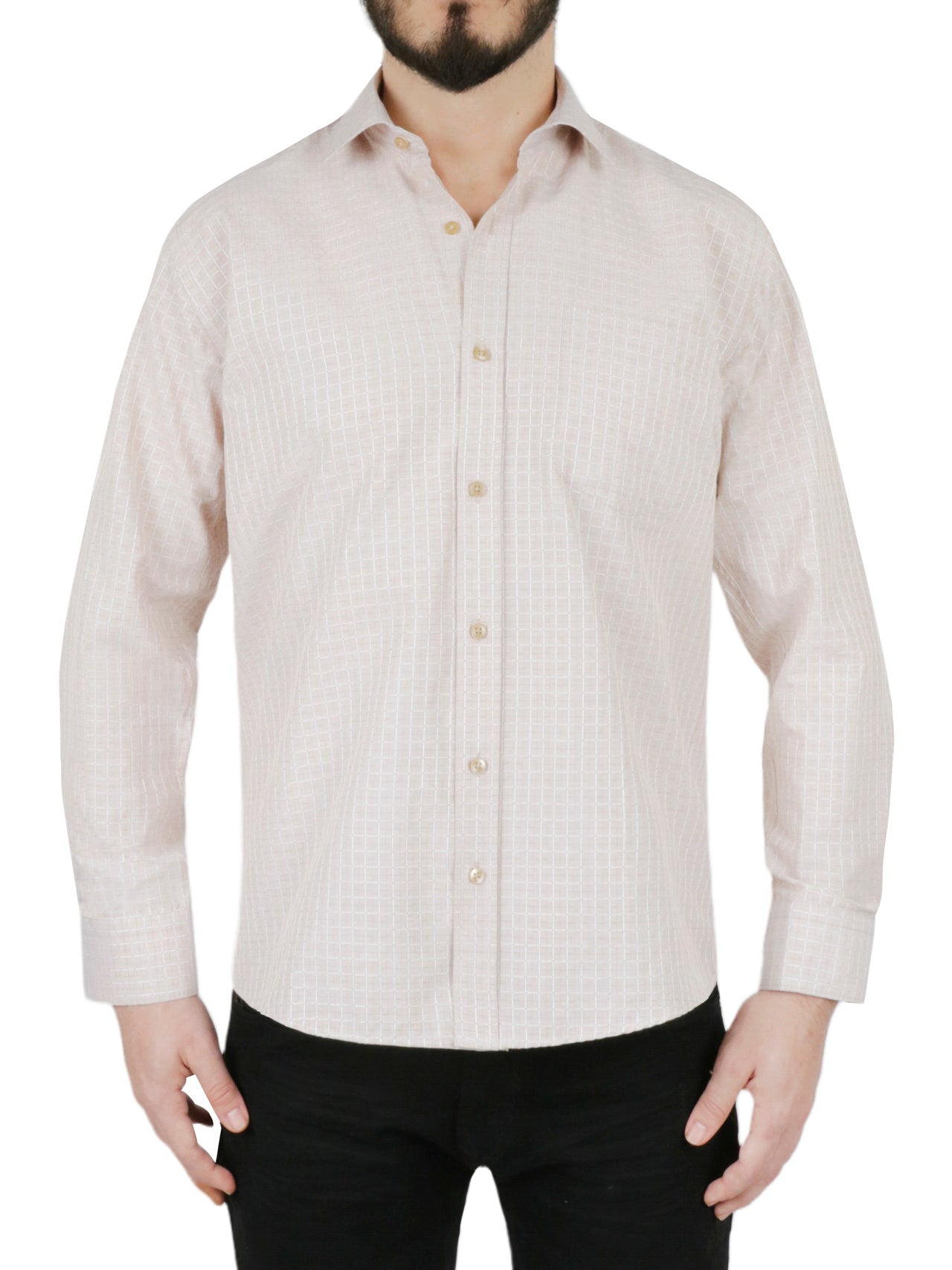 Cream Windowpane Checkered Dress Shirt