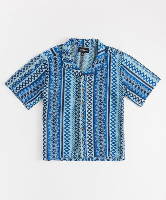 Jacquard Polo Short Sleeve Button Down Shirt - Blue
