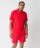 Diamond Plate Towel Color Blocked Short Sleeve Button Down Shirt - Red