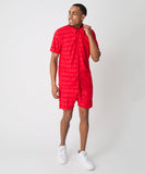 Diamond Plate Towel Color Blocked Short Sleeve Button Down Shirt - Red