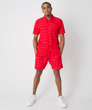 Diamond Plate Towel Color Blocked Short Sleeve Button Down Shirt - Red