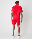 Diamond Plate Towel Color Blocked Short Sleeve Button Down Shirt - Red