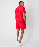 Diamond Plate Towel Color Blocked Short Sleeve Button Down Shirt - Red