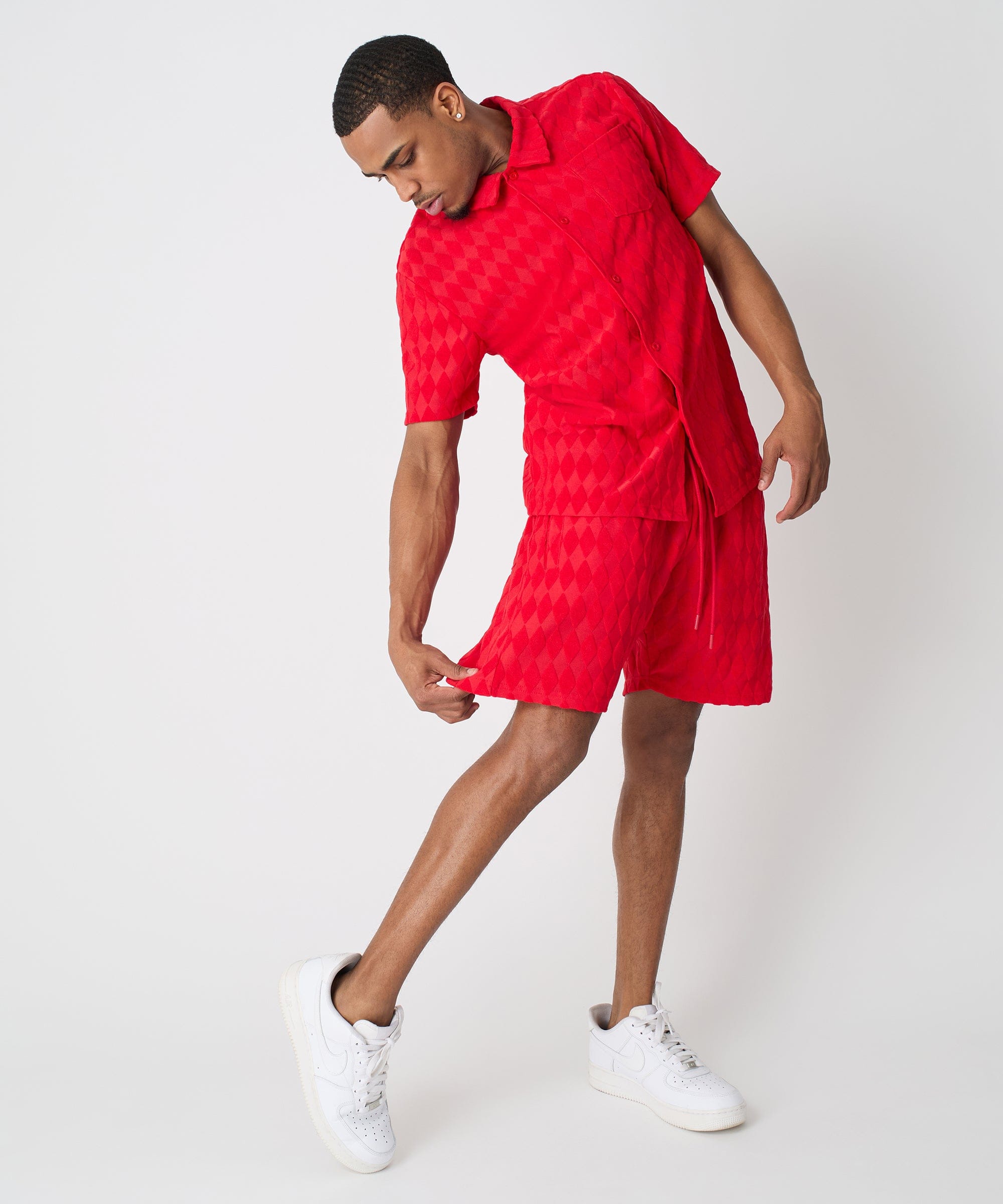 Diamond Plate Towel Color Blocked Short Sleeve Button Down Shirt - Red