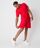 Diamond Plate Towel Color Blocked Short Sleeve Button Down Shirt - Red