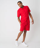 Diamond Plate Towel Color Blocked Short Sleeve Button Down Shirt - Red