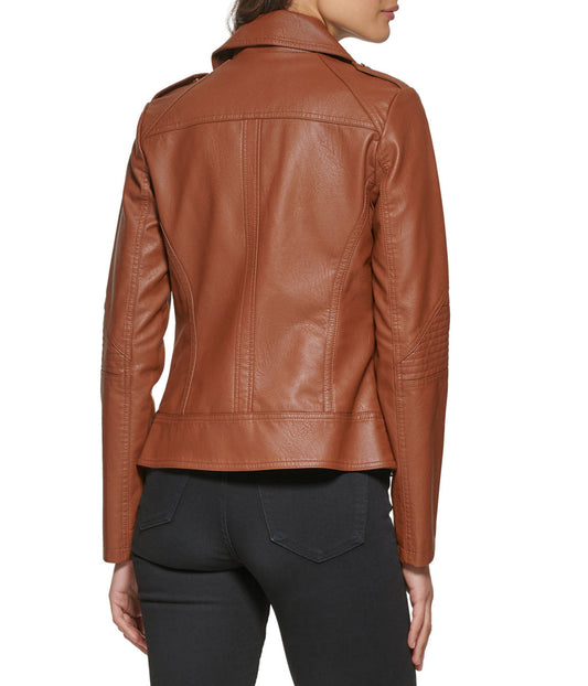 Faux Leather Asymmetrical Moto Jacket Cognac