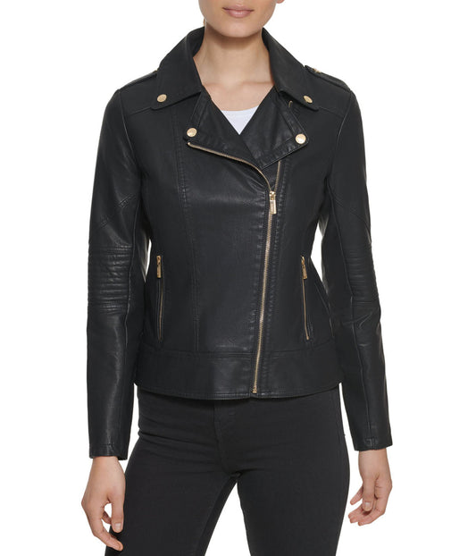 Faux Leather Asymmetrical Moto Jacket Black