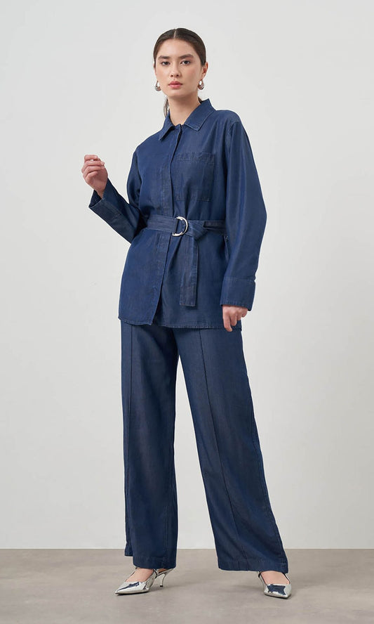 Mizalle Denim Belted Blouse Indigo Apparel