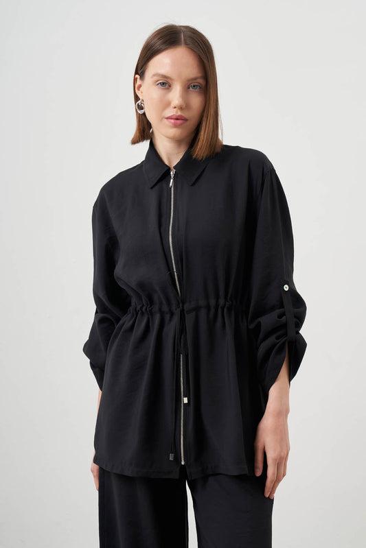 Mizalle Cinched Waist Shirt Jacket Black Apparel