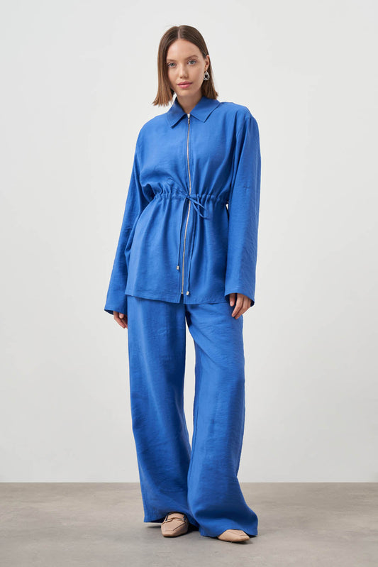 Mizalle Cinched Waist Shirt Jacket Blue Apparel