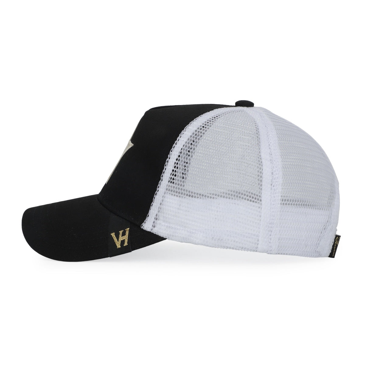 Vintage Havana Trucker Hat for Women – White Mesh & Black Canvas Adjustable Cap With Washed Gold Star