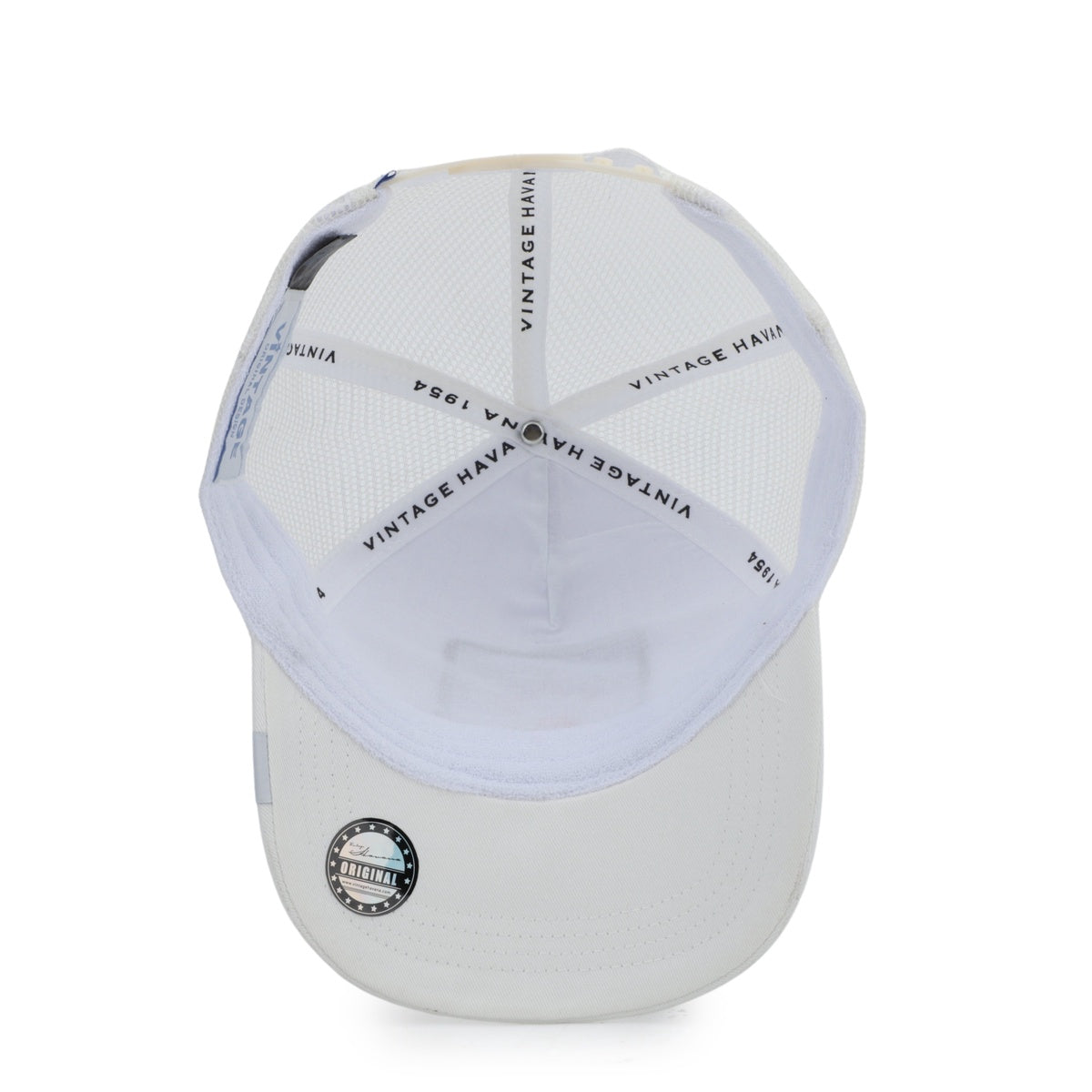 Vintage Havana Trucker Hat for Women – Off White Mesh & Canvas Adjustable Cap With Blue Suede Patch & Red Star