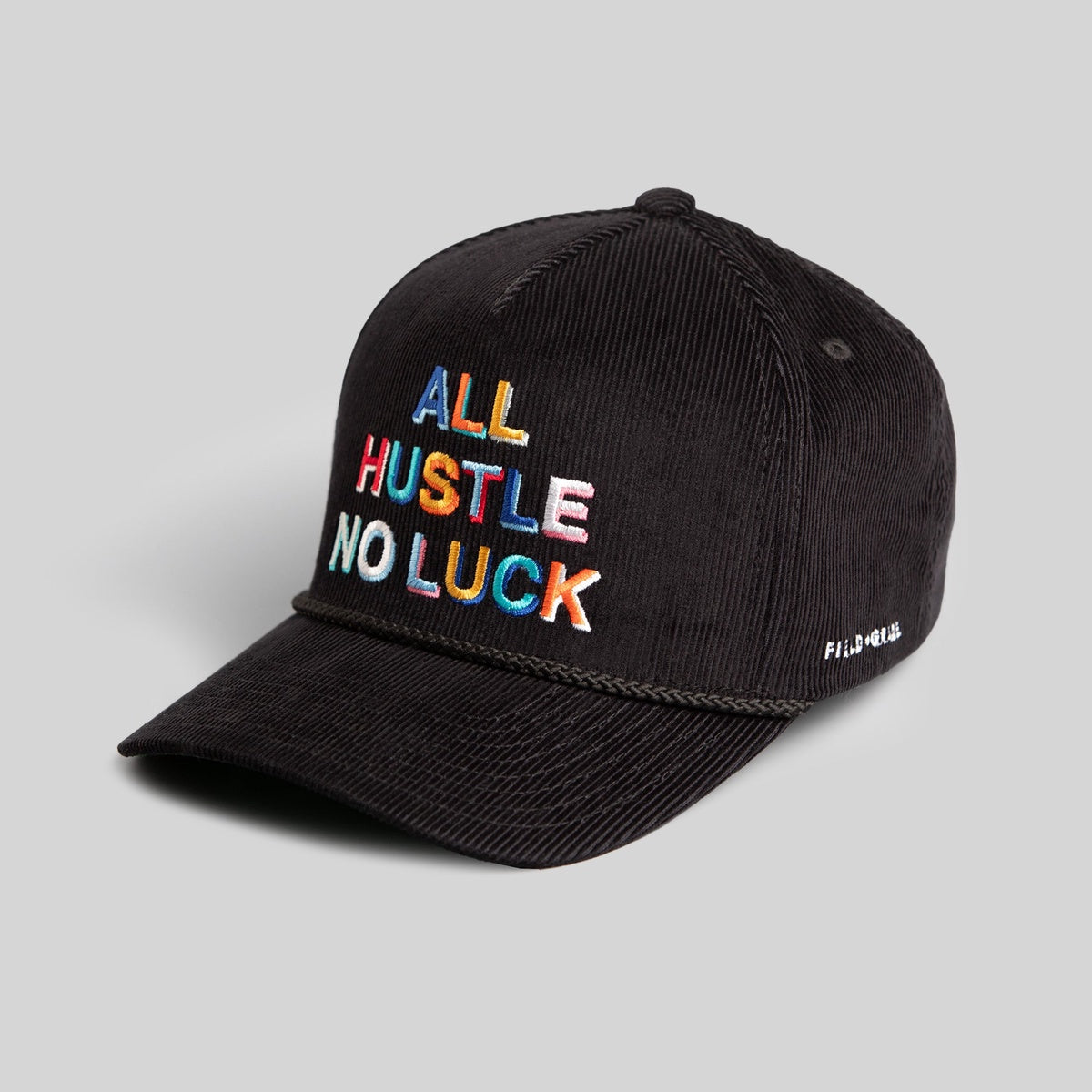 ALL HUSTLE NO LUCK BLACK CORDUROY TRUCKER HAT
