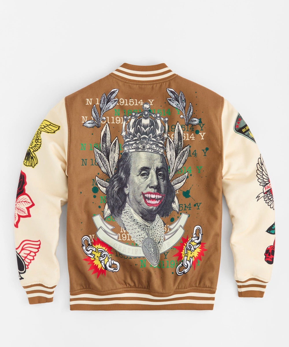 Cash Chenille Patched Varsity Jacket - Brown