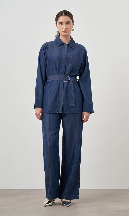 Mizalle Denim Belted Blouse Indigo Apparel