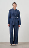 Mizalle Denim Belted Blouse Indigo Apparel