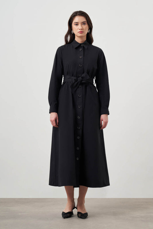 Mizalle Button Up Belted Dress Black Apparel