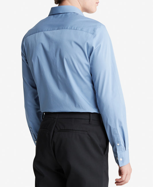 Long Sleeve Solid Stretch Slim Woven Shirt Blue