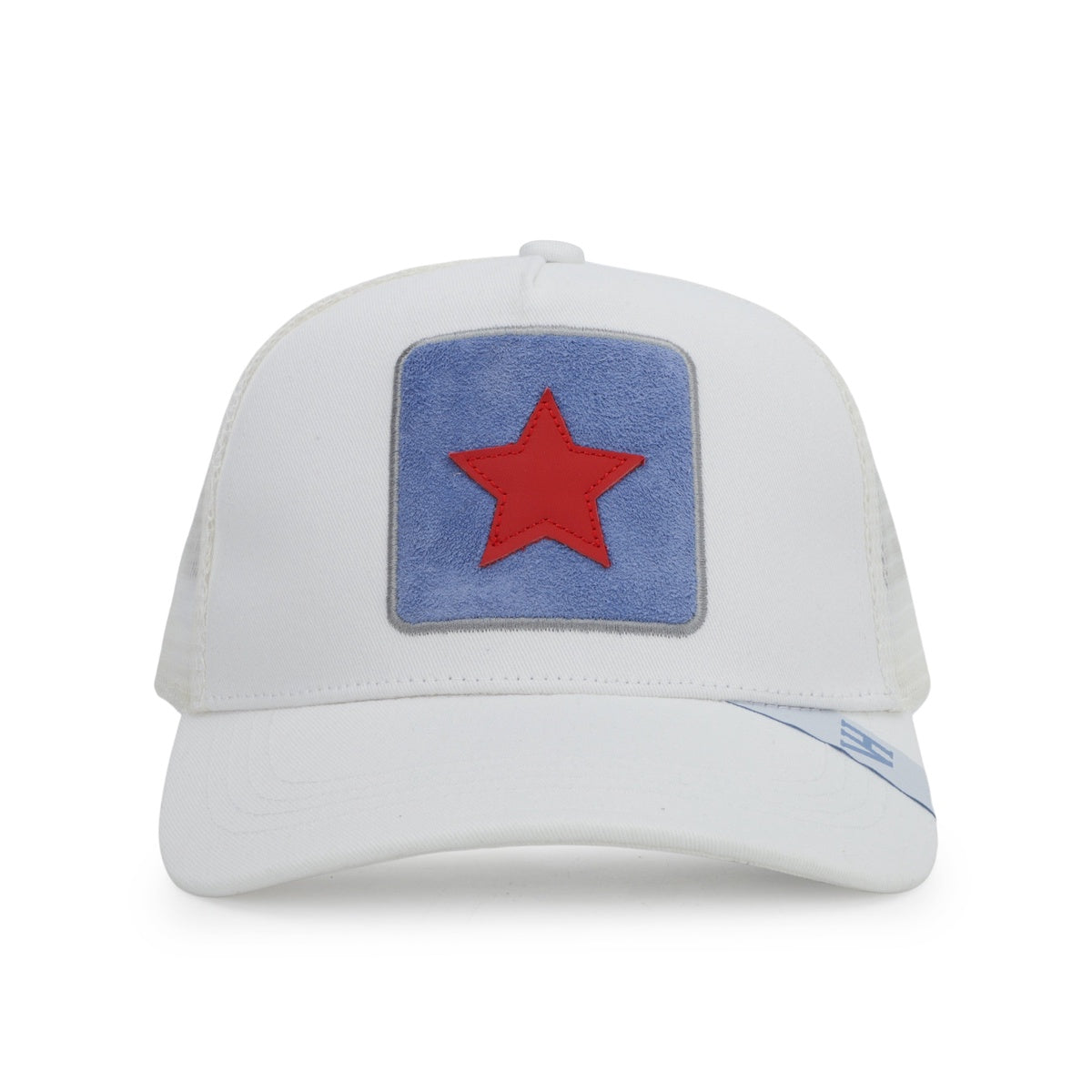 Vintage Havana Trucker Hat for Women – Off White Mesh & Canvas Adjustable Cap With Blue Suede Patch & Red Star