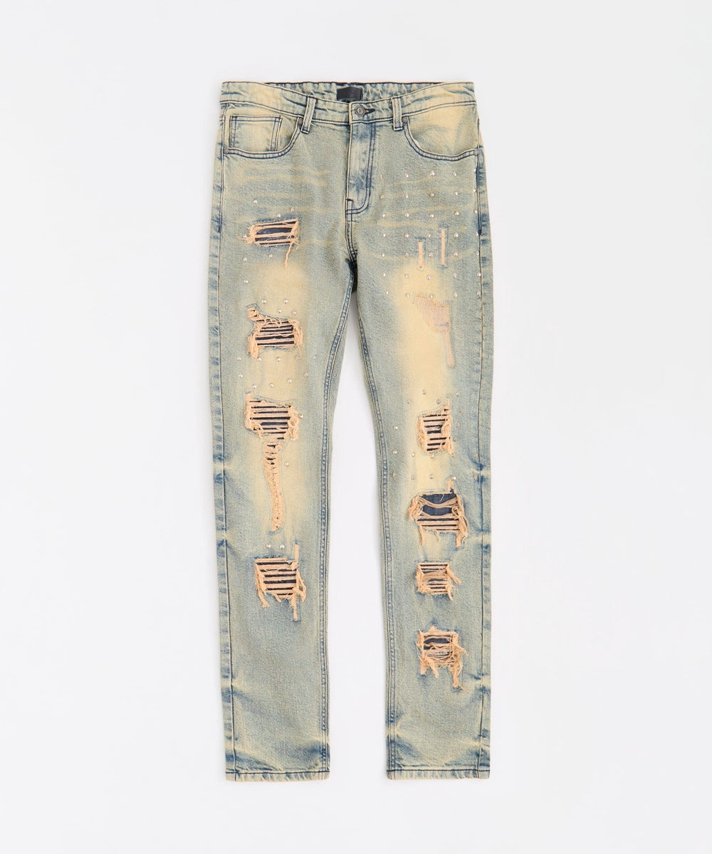 Studded Distress Denim Pants - Blue