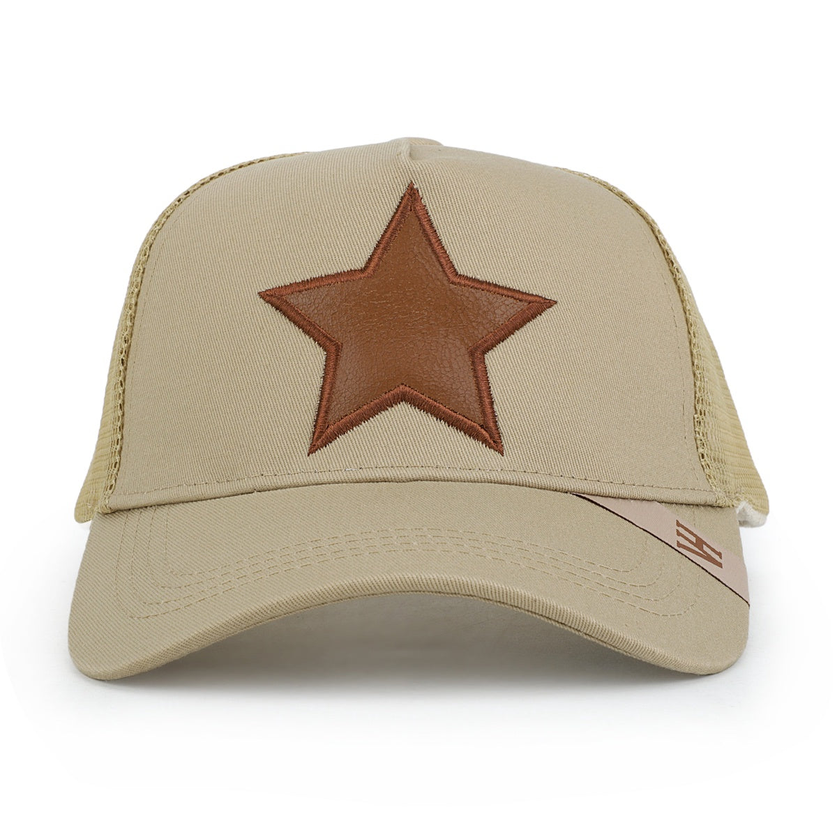Vintage Havana Trucker Hat for Women & Men – Khaki Mesh & Canvas Adjustable Cap With Brown Cracked Leather Star