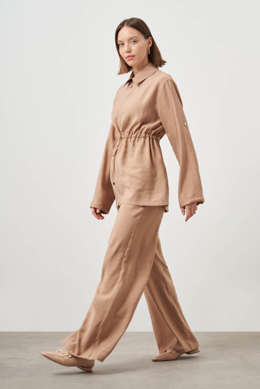 Mizalle Cinched Waist Shirt Jacket Beige Apparel