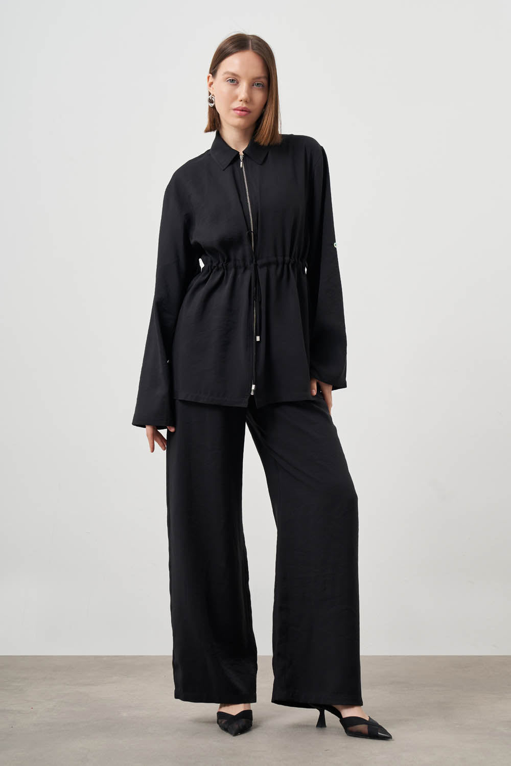 Mizalle Cinched Waist Shirt Jacket Black Apparel