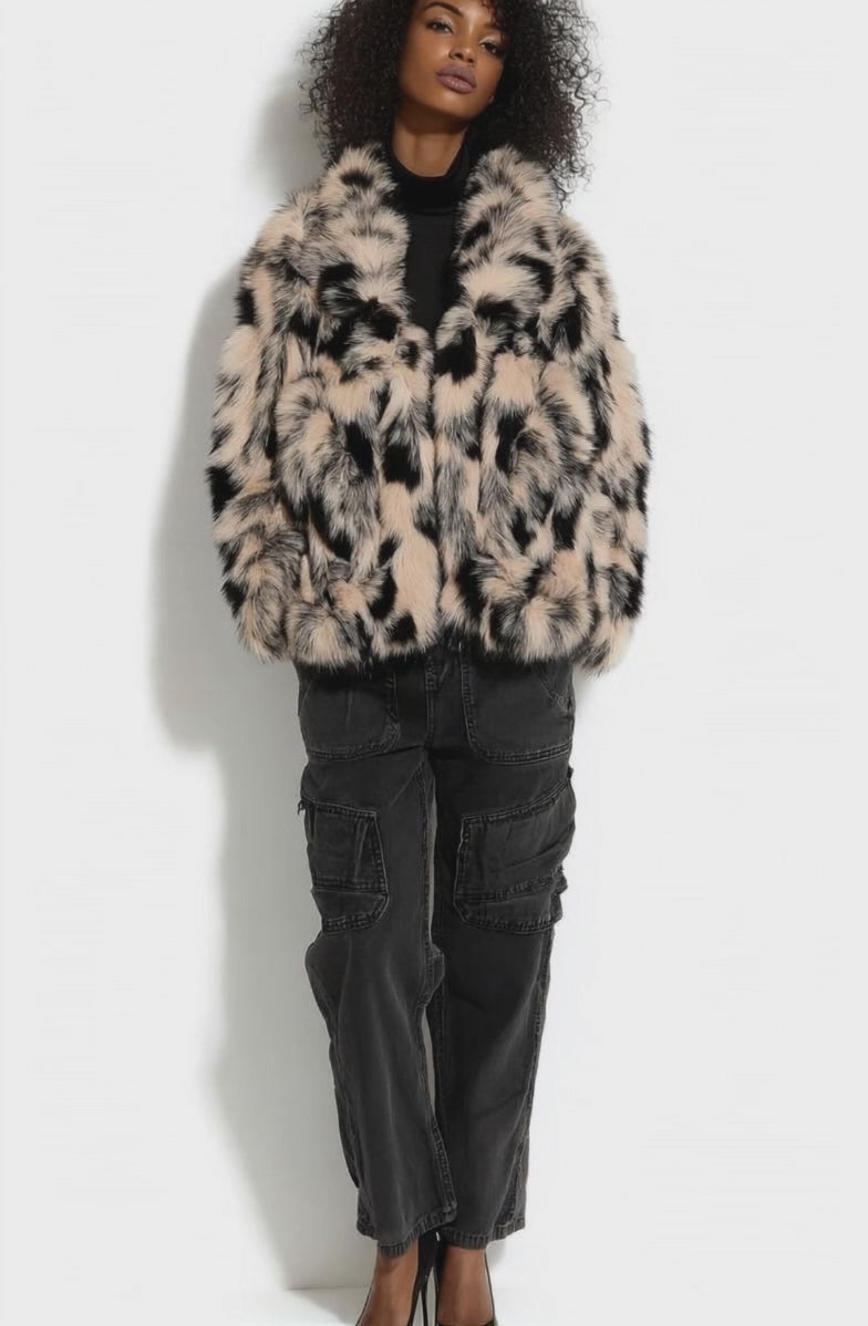 Abstract Print Longline Faux Fur Jacket