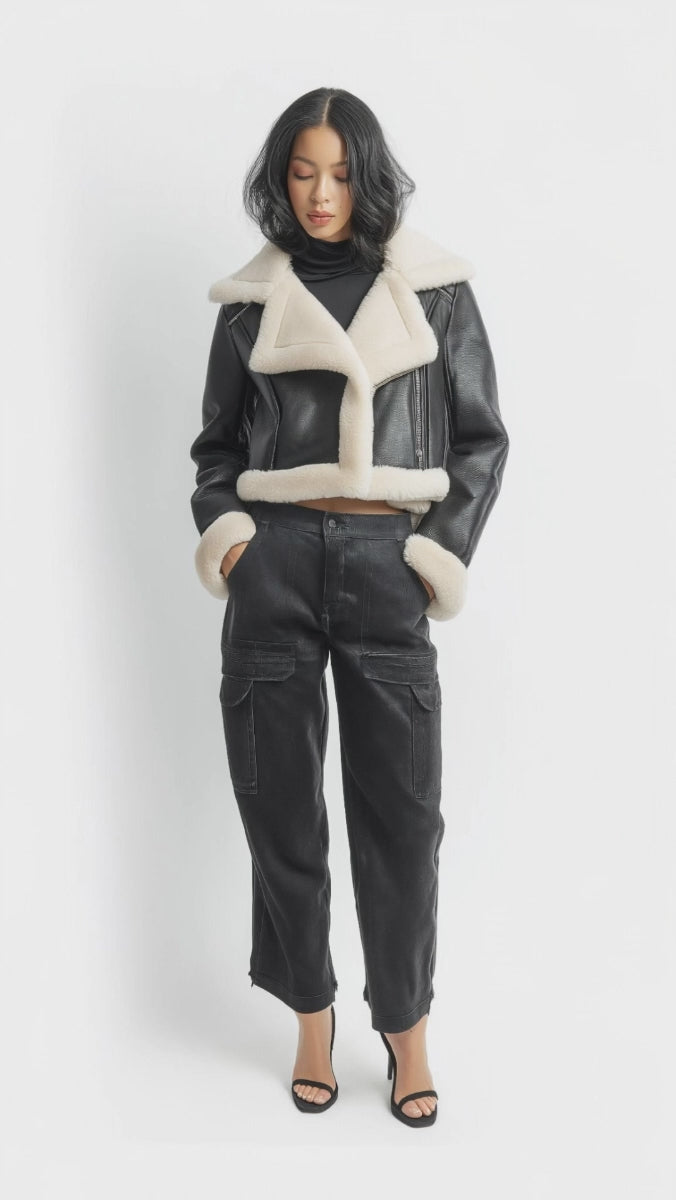 Cropped Faux Leather & Shearling Moto Jacket