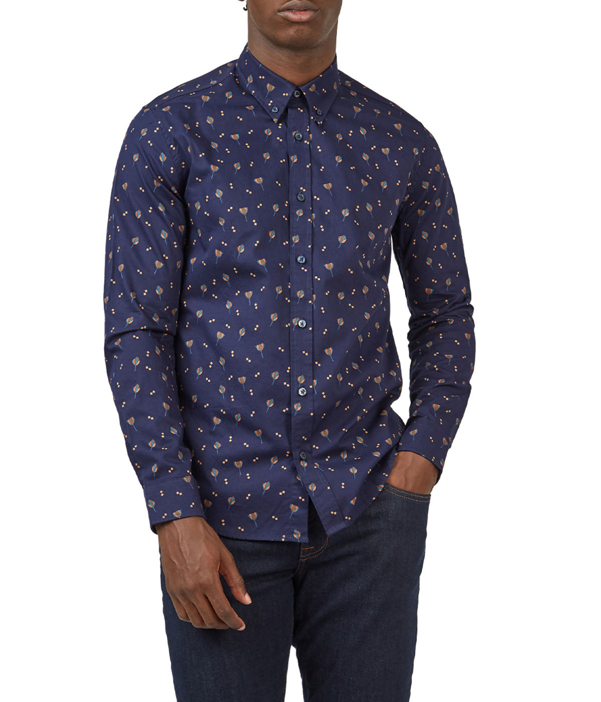 Scattered Floral Print Twill Buttondown Shirt with Long Sleeves