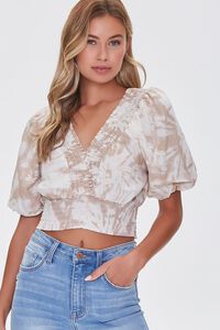 TAUPE/IVORY Tie-Dye Plunge-Back Crop Top, image 1