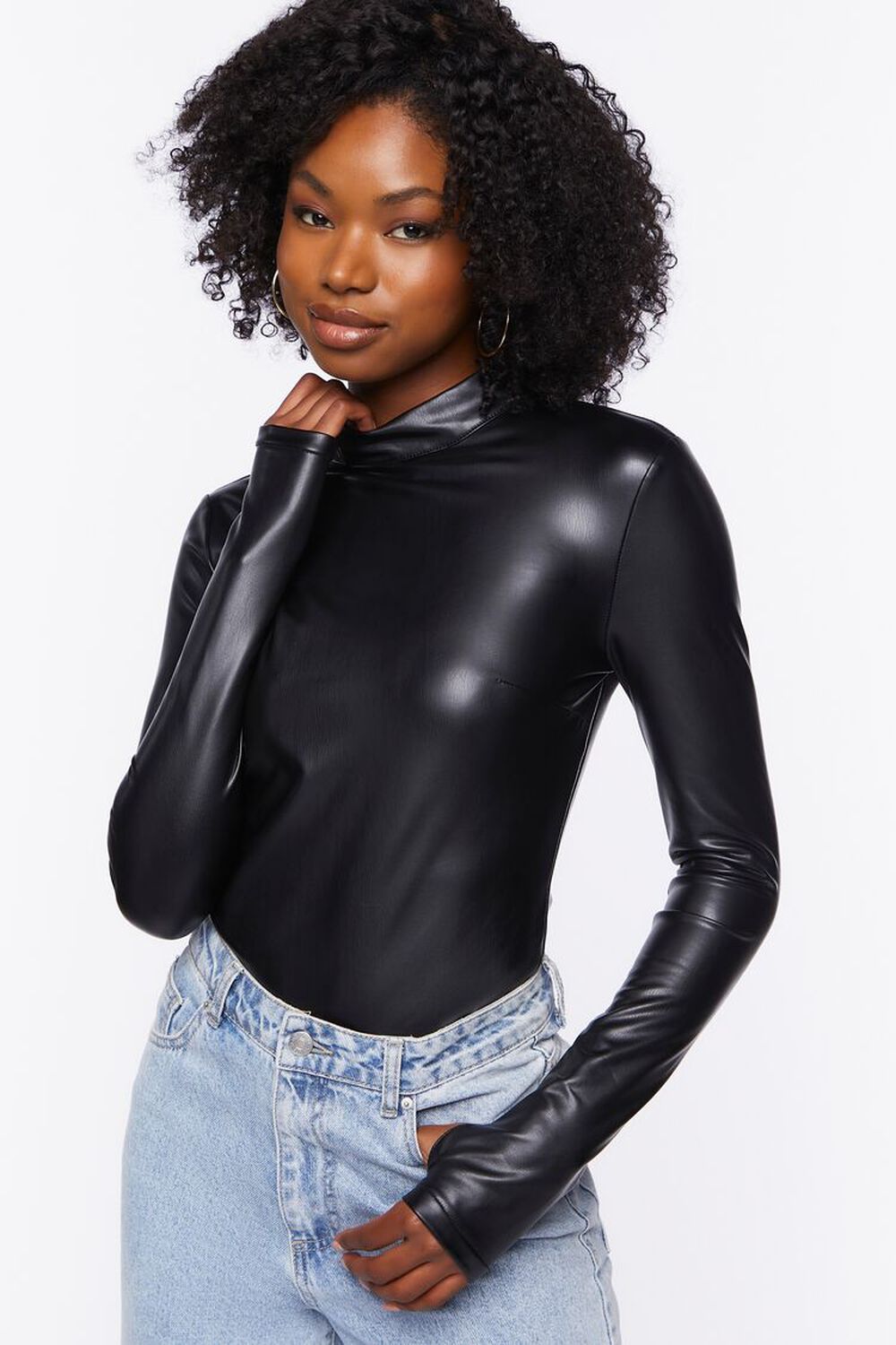 BLACK Faux Leather Long-Sleeve Bodysuit, image 1