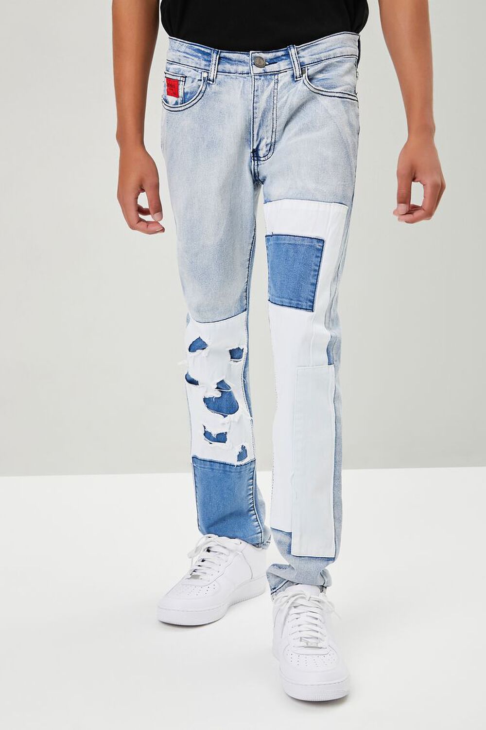 Distressed Patchwork Slim-Fit Jeans