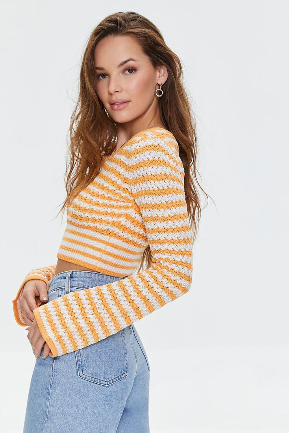 ORANGE/CREAM Striped Cropped Sweater, image 3