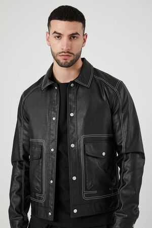 21men Forever 21 Men's Faux Leather/Pleather Varsity Jacket in Black/White Large | F21