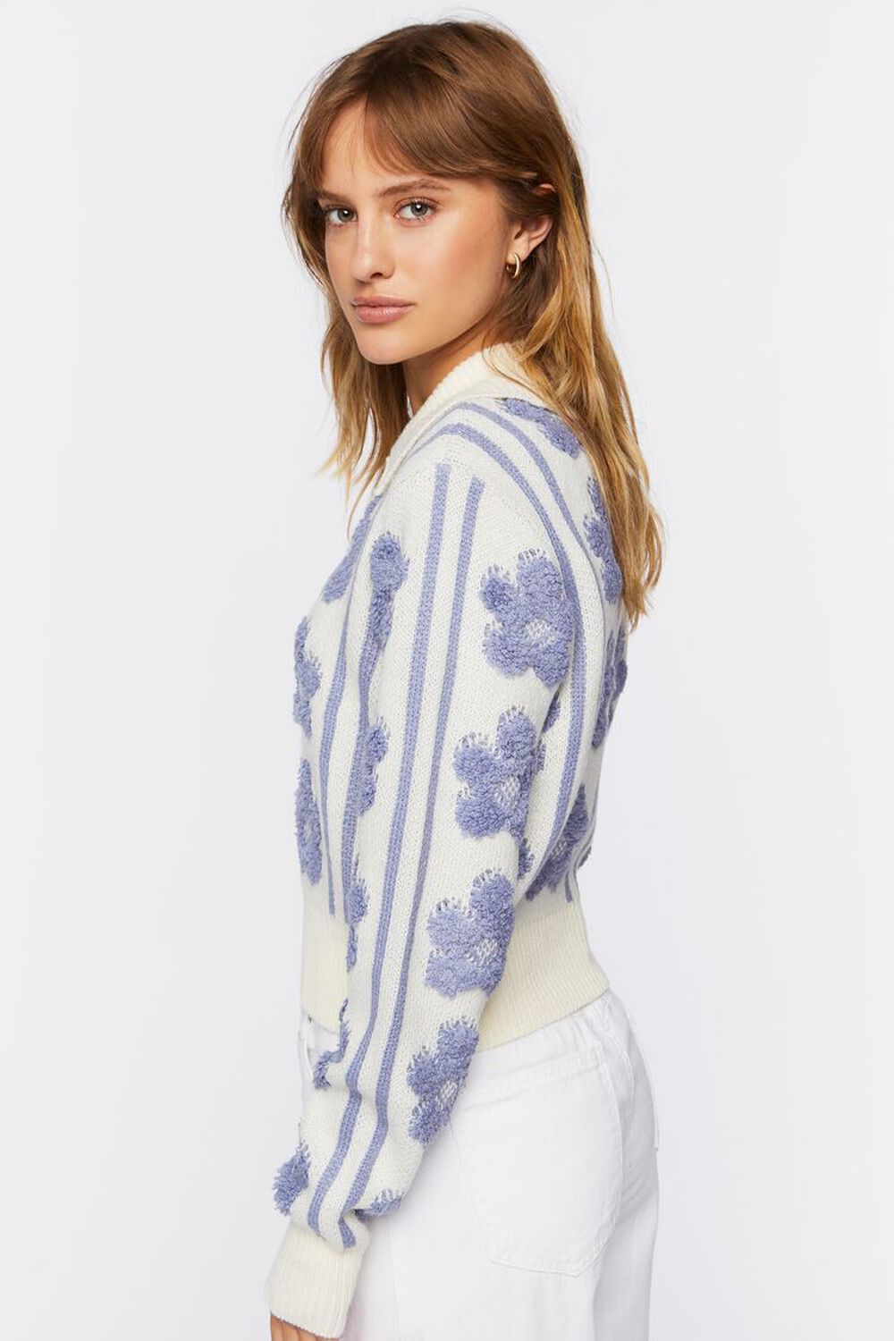 CREAM/BLUE Floral Print Sweater-Knit Top, image 2