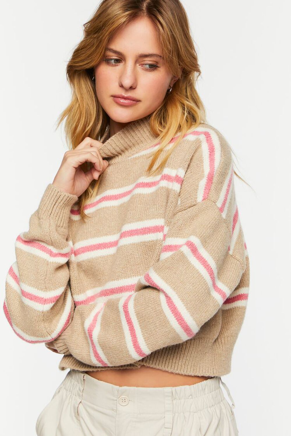 KHAKI/PEONY Striped Mock Neck Sweater, image 1