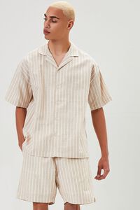 TAUPE/CREAM Pinstriped Linen-Blend Shorts, image 1