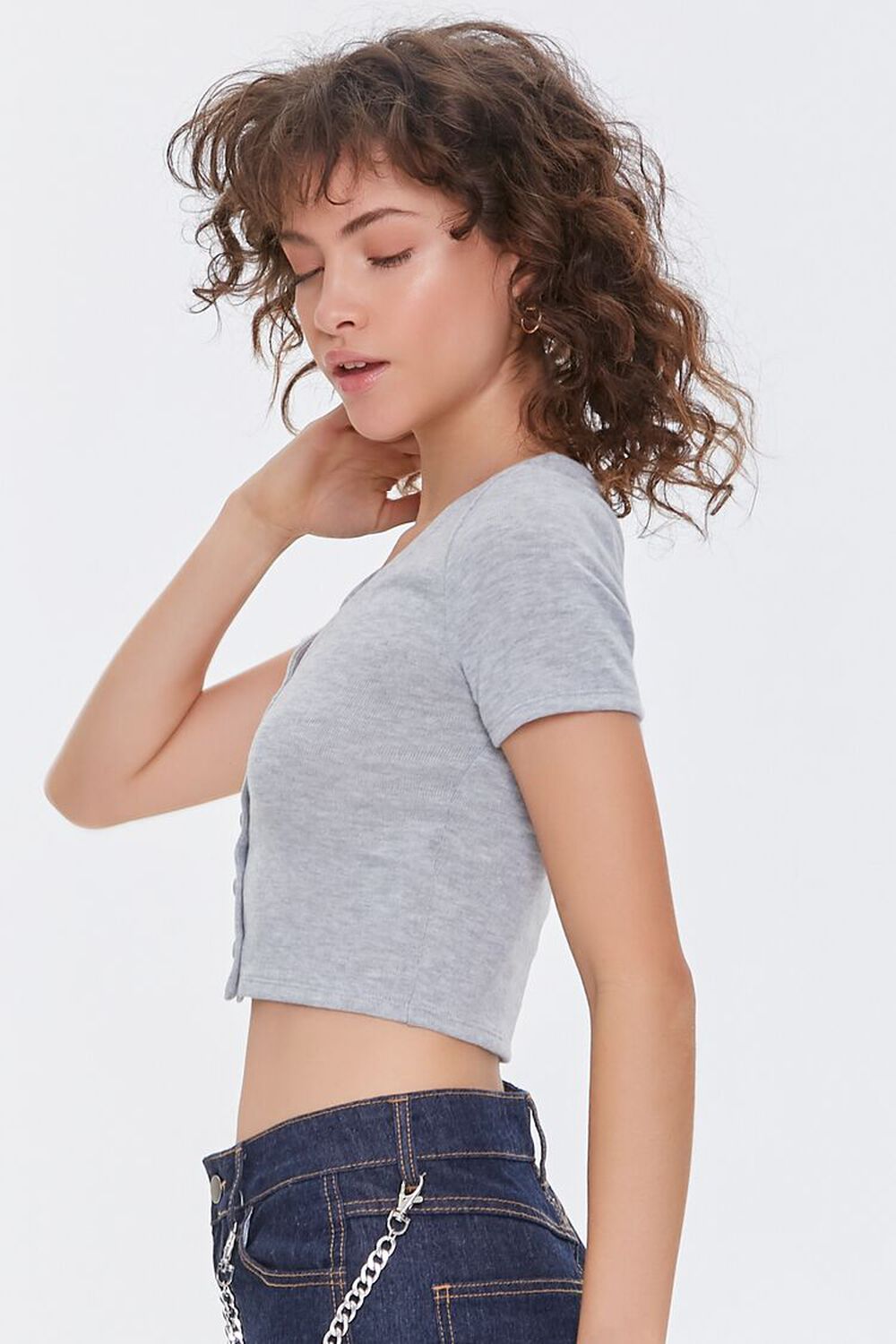 HEATHER GREY Button-Front Cropped Top, image 2