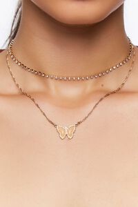 GOLD/PINK Butterfly Pendant Rhinestone Layered Necklace, image 1
