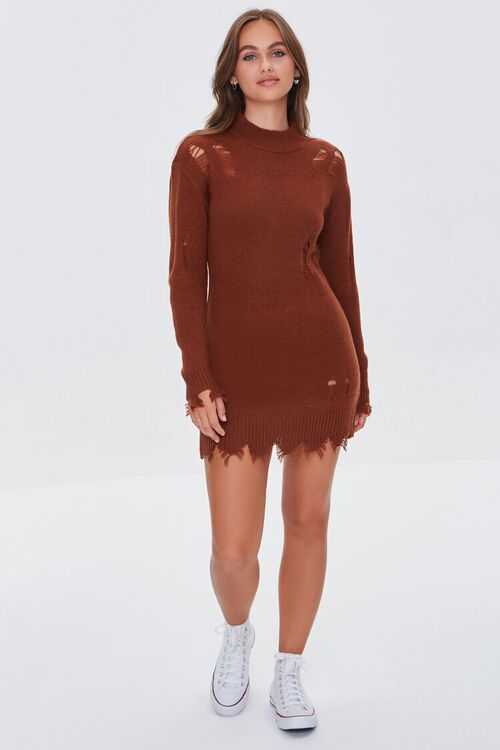 BROWN Distressed Bodycon Sweater Dress, image 4