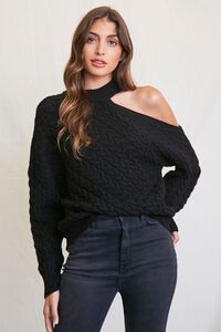 BLACK Open-Shoulder Cable Knit Sweater, image 1